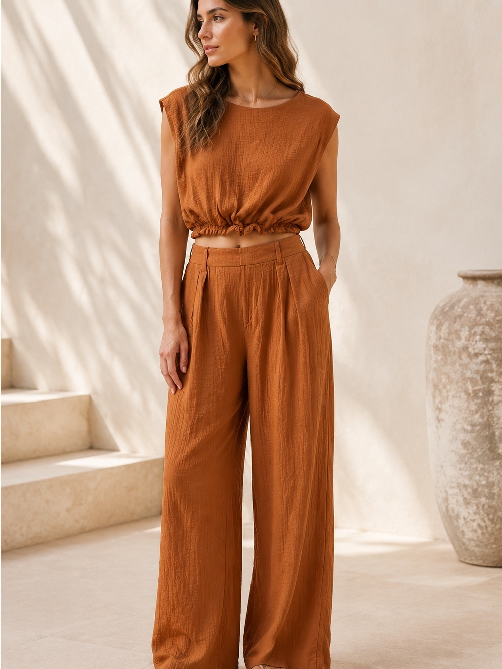 Textured Lightweight Rust Sleeveless Cropped Top and Matching Wide Leg Pant